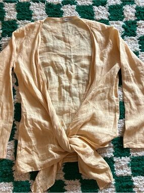 Allen Allen Vintage 100% Linen Butter Yellow Wrap Blouse